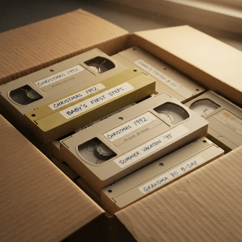 Box of old VHS tapes with family labels
