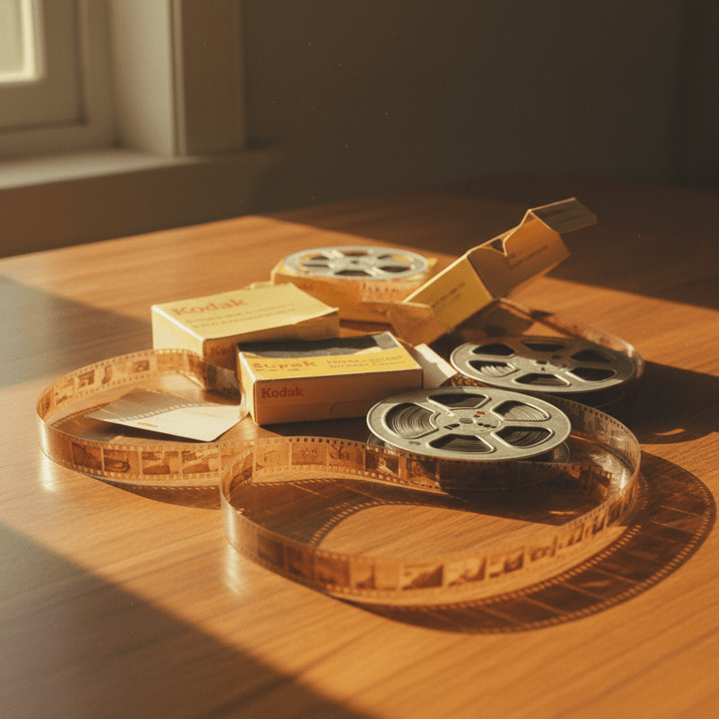 Vintage 8mm film reels in Kodak boxes